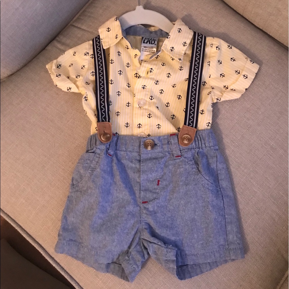 Little Lad Onesie with shorts and suspenders set